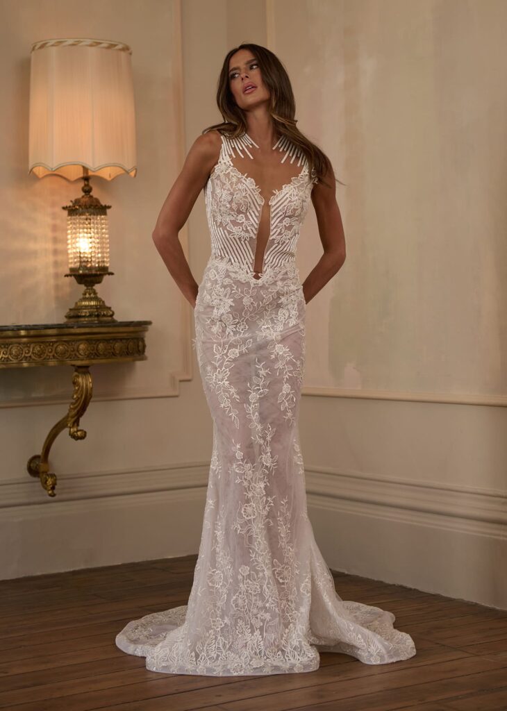 For the bold and fashion-forward bride, the “Fierce Bloom” gown commands attention.